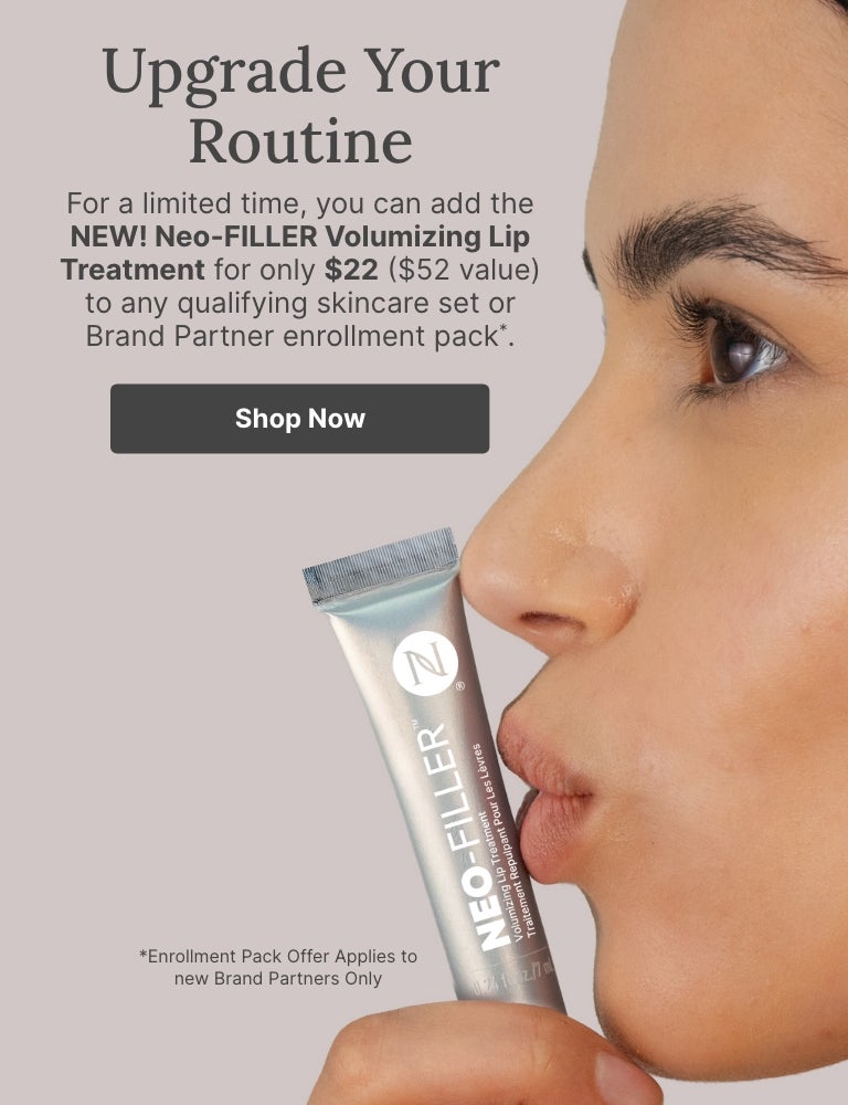 50% OFF Neo-FILLER Volumizing Lip Treatment with any Neo-FILLER or Neo-FILLER Set purchase. Featured is a woman kissing a tube of Neo-FILLER Volumizing Lip Treatment.